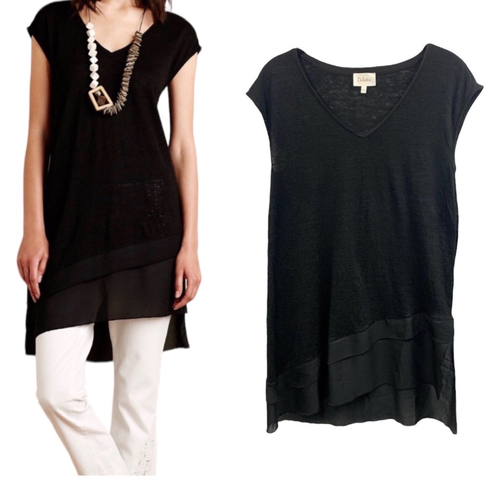 Anthropologie Deletta Slope Tee Linen Slub V-Neck Hi Lo Hem Tunic Black Sz Large